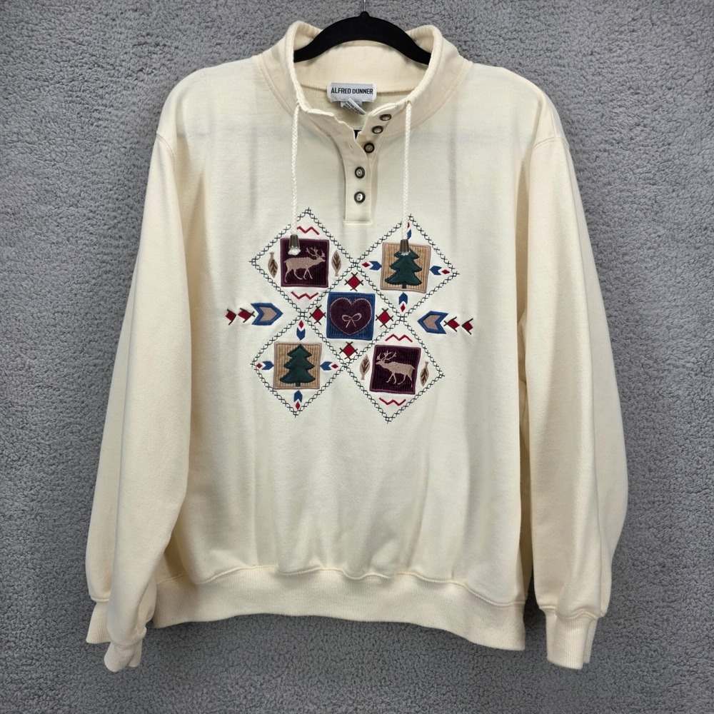 Alfred Dunner Vtg 2X Cream Embroidered Lodge Deer Tree Sweatshirt Quarter Button
